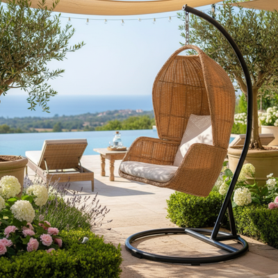 Escyz Wicker Relaxation Patio Hanging Egg Swing with Stand and Cushion for Garden, Balcony, and Bedroom