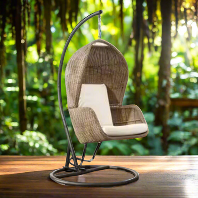 Wooden Twist Escyz Wicker Relaxation Patio Hanging Egg Swing with Stand and Cushion for Garden, Balcony, and Bedroom