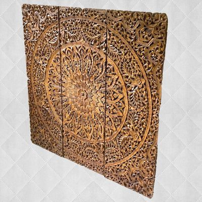 Wall Decor Hand Carved Mandala Wall  Art Panel  For Office Living Room  Bedroom Decoration , Home Decor Rustic  Frame Wall Art In 3 Pieces Carved Mdf Boho Wall Decor Panel 120 X120 Cm 