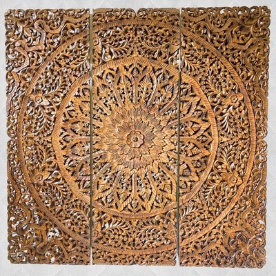 Wall Decor Hand Carved Mandala Wall  Art Panel  For Office Living Room  Bedroom Decoration , Home Decor Rustic  Frame Wall Art In 3 Pieces Carved Mdf Boho Wall Decor Panel 120 X120 Cm 