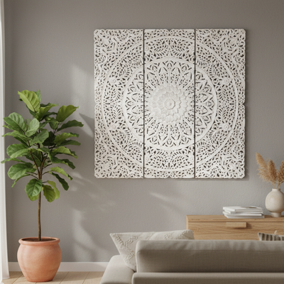 Wall Decor Hand Carved Mandala Wall  Art Panel  For Office Living Room  Bedroom Decoration , Home Decor Rustic  Frame Wall Art In 3 Pieces Carved Mdf Boho Wall Decor Panel 120 X120 Cm 