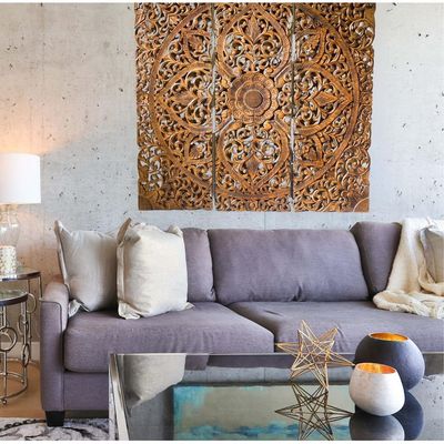 Wall Decor Hand Carved Mandala Wall  Art Panel  For Office Living Room  Bedroom Decoration , Home Decor Rustic  Frame Wall Art In 3 Pieces Carved Mdf Boho Wall Decor Panel 120 X120 Cm 