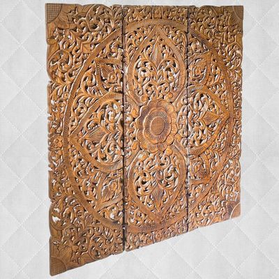 Wall Decor Hand Carved Mandala Wall  Art Panel  For Office Living Room  Bedroom Decoration , Home Decor Rustic  Frame Wall Art In 3 Pieces Carved Mdf Boho Wall Decor Panel 120 X120 Cm 