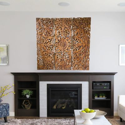 Wall Decor Hand Carved Mandala Wall  Art Panel  For Office Living Room  Bedroom Decoration , Home Decor Rustic  Frame Wall Art In 3 Pieces Carved Mdf Boho Wall Decor Panel 120 X120 Cm 