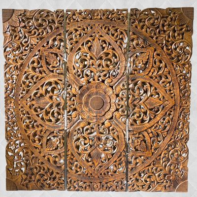 Wall Decor Hand Carved Mandala Wall  Art Panel  For Office Living Room  Bedroom Decoration , Home Decor Rustic  Frame Wall Art In 3 Pieces Carved Mdf Boho Wall Decor Panel 120 X120 Cm 