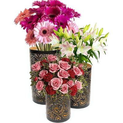 Arabic Lantern Cylander Set Of 3 Pcs |Moraccan Style Ramadan Party Birthday Home Décor|Candle Holder Lanterns For Gifts|Metal Floral Cut Design|Black Gold  