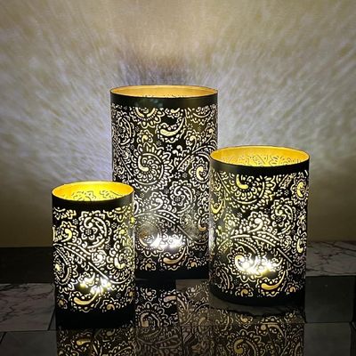 Arabic Lantern Cylander Set Of 3 Pcs |Moraccan Style Ramadan Party Birthday Home Décor|Candle Holder Lanterns For Gifts|Metal Floral Cut Design|Black Gold  