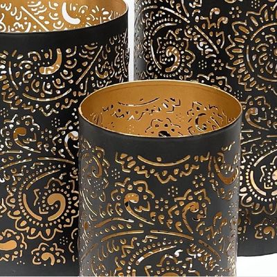Arabic Lantern Cylander Set Of 3 Pcs |Moraccan Style Ramadan Party Birthday Home Décor|Candle Holder Lanterns For Gifts|Metal Floral Cut Design|Black Gold  