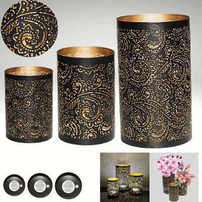 Arabic Lantern Cylander Set Of 3 Pcs |Moraccan Style Ramadan Party Birthday Home Décor|Candle Holder Lanterns For Gifts|Metal Floral Cut Design|Black Gold  