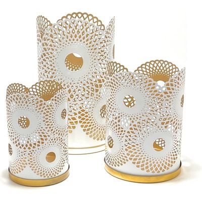 Arabic Lantern Cylander Set Of 3 Pcs |Moraccan Style Ramadan Party Birthday Home Décor| Candle Holder Lanterns For Gifts|Metal Reng Cut Design | White Gold  