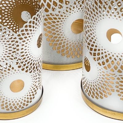 Arabic Lantern Cylander Set Of 3 Pcs |Moraccan Style Ramadan Party Birthday Home Décor| Candle Holder Lanterns For Gifts|Metal Reng Cut Design | White Gold  
