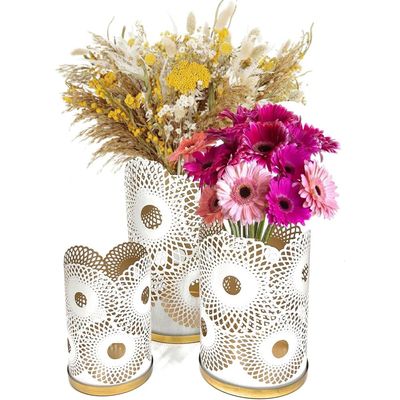 Arabic Lantern Cylander Set Of 3 Pcs |Moraccan Style Ramadan Party Birthday Home Décor| Candle Holder Lanterns For Gifts|Metal Reng Cut Design | White Gold  