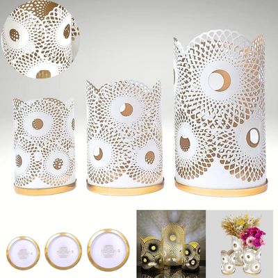 Arabic Lantern Cylander Set Of 3 Pcs |Moraccan Style Ramadan Party Birthday Home Décor| Candle Holder Lanterns For Gifts|Metal Reng Cut Design | White Gold  