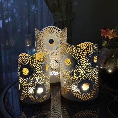 Arabic Lantern Cylander Set Of 3 Pcs |Moraccan Style Ramadan Party Birthday Home Décor| Candle Holder Lanterns For Gifts|Metal Reng Cut Design | White Gold  