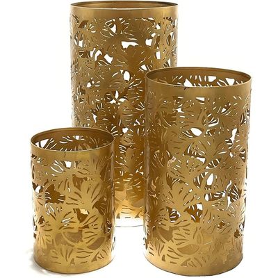 Arabic Lantern Cylander Set Of 3 Pcs |Moraccan Style Ramadan Party Birthday Home Décor|Candle Holder Lanterns For Gifts|Metal Leaf Cut Design|Gold  