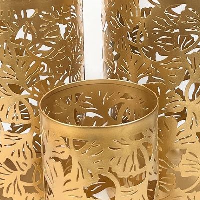 Arabic Lantern Cylander Set Of 3 Pcs |Moraccan Style Ramadan Party Birthday Home Décor|Candle Holder Lanterns For Gifts|Metal Leaf Cut Design|Gold  