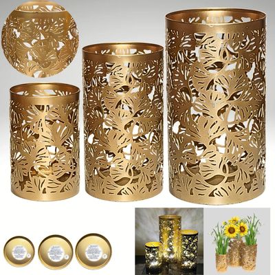 Arabic Lantern Cylander Set Of 3 Pcs |Moraccan Style Ramadan Party Birthday Home Décor|Candle Holder Lanterns For Gifts|Metal Leaf Cut Design|Gold  