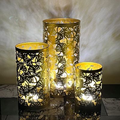 Arabic Lantern Cylander Set Of 3 Pcs |Moraccan Style Ramadan Party Birthday Home Décor|Candle Holder Lanterns For Gifts|Metal Leaf Cut Design|Gold  