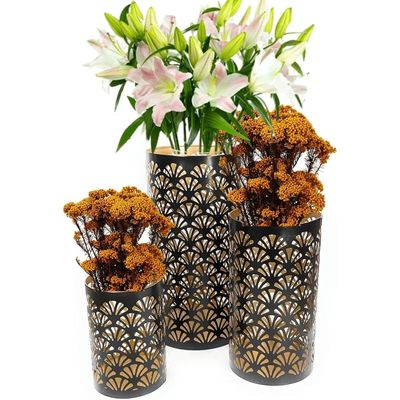 Arabic Lantern Cylander Set Of 3 Pcs |Moraccan Style Ramadan Party Birthday Home Décor|Candle Holder Lanterns For Gifts|Metal Floral Cut Design|Gold  