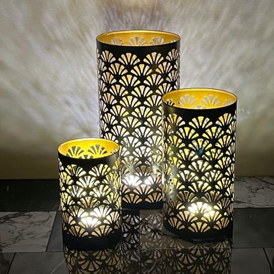 Arabic Lantern Cylander Set Of 3 Pcs |Moraccan Style Ramadan Party Birthday Home Décor|Candle Holder Lanterns For Gifts|Metal Floral Cut Design|Gold  
