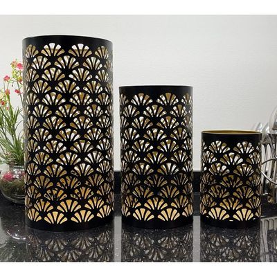 Arabic Lantern Cylander Set Of 3 Pcs |Moraccan Style Ramadan Party Birthday Home Décor|Candle Holder Lanterns For Gifts|Metal Floral Cut Design|Gold  