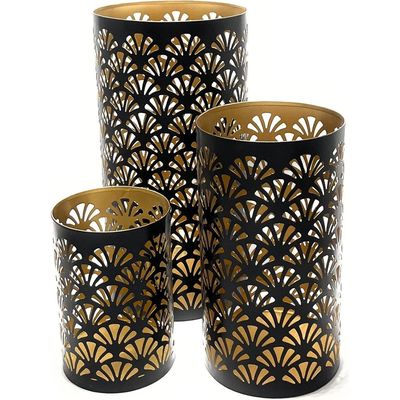 Arabic Lantern Cylander Set Of 3 Pcs |Moraccan Style Ramadan Party Birthday Home Décor|Candle Holder Lanterns For Gifts|Metal Floral Cut Design|Gold  