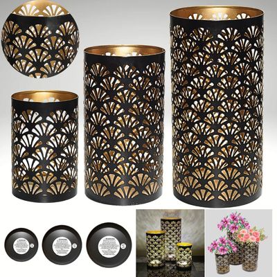 Arabic Lantern Cylander Set Of 3 Pcs |Moraccan Style Ramadan Party Birthday Home Décor|Candle Holder Lanterns For Gifts|Metal Floral Cut Design|Gold  