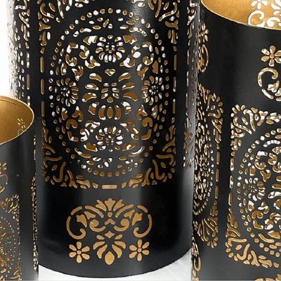 Arabic Lantern Cylander Set Of 3 Pcs |Moraccan Style Ramadan Party Birthday Home Décor|Candle Holder Lanterns For Gifts|Metal Leaf Cut Design|Black Gold  