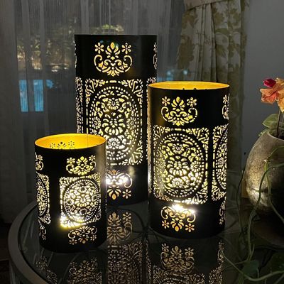 Arabic Lantern Cylander Set Of 3 Pcs |Moraccan Style Ramadan Party Birthday Home Décor|Candle Holder Lanterns For Gifts|Metal Leaf Cut Design|Black Gold  