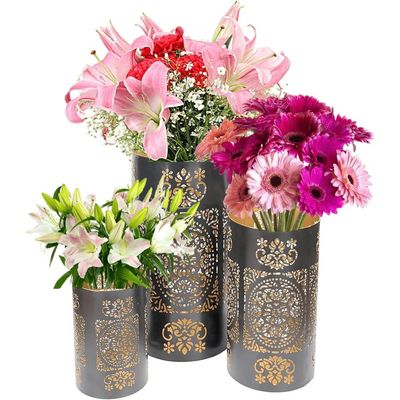 Arabic Lantern Cylander Set Of 3 Pcs |Moraccan Style Ramadan Party Birthday Home Décor|Candle Holder Lanterns For Gifts|Metal Leaf Cut Design|Black Gold  