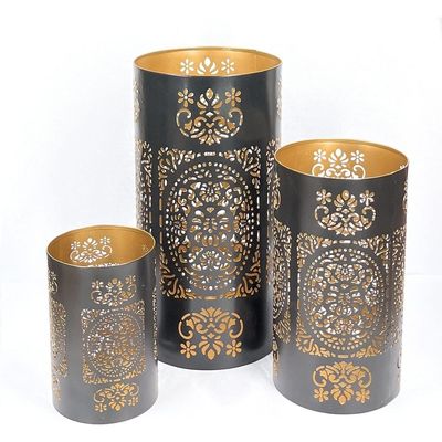 Arabic Lantern Cylander Set Of 3 Pcs |Moraccan Style Ramadan Party Birthday Home Décor|Candle Holder Lanterns For Gifts|Metal Leaf Cut Design|Black Gold  