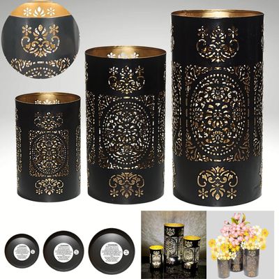 Arabic Lantern Cylander Set Of 3 Pcs |Moraccan Style Ramadan Party Birthday Home Décor|Candle Holder Lanterns For Gifts|Metal Leaf Cut Design|Black Gold  