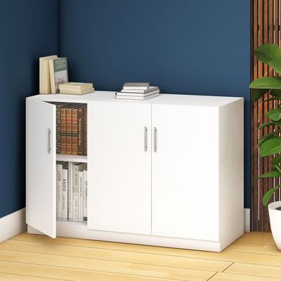 Mahmayi Modern 3 Door Credenza Versatile Storage Solution Furniture with 2 Shelves Stylish Credenza for Living Room, Office and Home Decor - White
