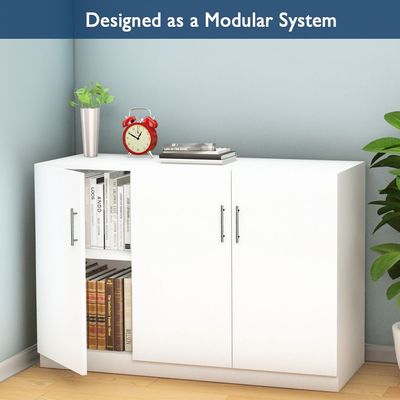 Mahmayi Modern 3 Door Credenza Versatile Storage Solution Furniture with 2 Shelves Stylish Credenza for Living Room, Office and Home Decor - White
