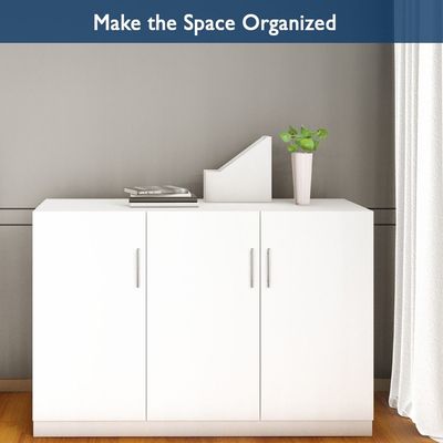 Mahmayi Modern 3 Door Credenza Versatile Storage Solution Furniture with 2 Shelves Stylish Credenza for Living Room, Office and Home Decor - White