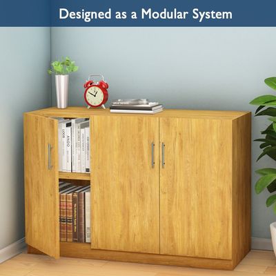Mahmayi Modern 3 Door Credenza Versatile Storage Solution Furniture with 2 Shelves Stylish Credenza for Living Room, Office and Home Decor - Light Walnut