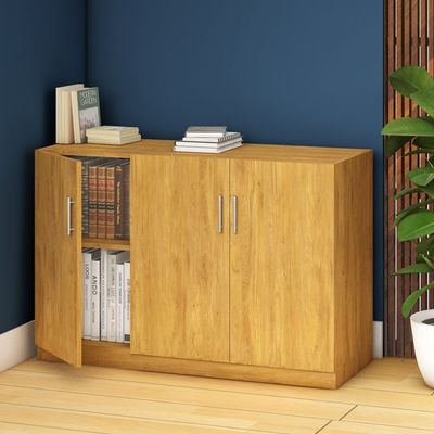 Mahmayi Modern 3 Door Credenza Versatile Storage Solution Furniture with 2 Shelves Stylish Credenza for Living Room, Office and Home Decor - Light Walnut