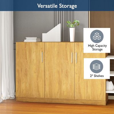 Mahmayi Modern 3 Door Credenza Versatile Storage Solution Furniture with 2 Shelves Stylish Credenza for Living Room, Office and Home Decor - Light Walnut