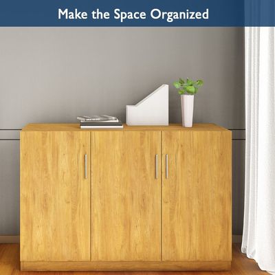 Mahmayi Modern 3 Door Credenza Versatile Storage Solution Furniture with 2 Shelves Stylish Credenza for Living Room, Office and Home Decor - Light Walnut