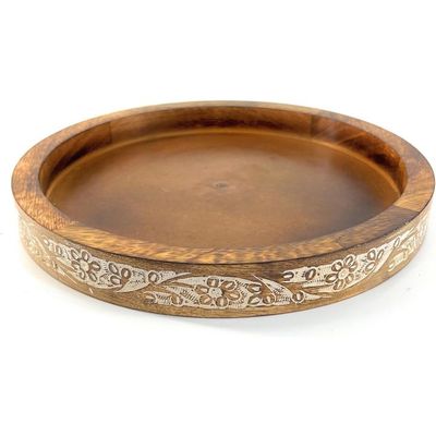 Serving Tray  Wood Decorative Tray Countertop Round , Christmas Plates ,Serving Platter Wooden - Cake  Tray Serving Plate Stand Wooden Tray Bamboo  Tray  Kitchen Organizer 31 Cms 