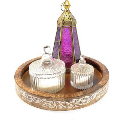 Serving Tray  Wood Decorative Tray Countertop Round , Christmas Plates ,Serving Platter Wooden - Cake  Tray Serving Plate Stand Wooden Tray Bamboo  Tray  Kitchen Organizer 31 Cms 