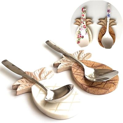 Spoon Rest Natural White Marble & Wood | Cooking Spoons Holder For Countertop| Dining Table & Kitchen Utility Organiser & Accessories | Pinapple Shape