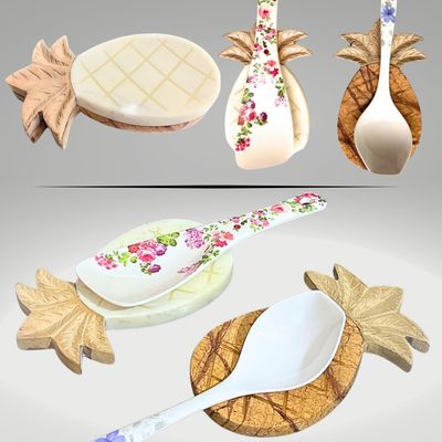 Spoon Rest Natural White Marble & Wood | Cooking Spoons Holder For Countertop| Dining Table & Kitchen Utility Organiser & Accessories | Pinapple Shape