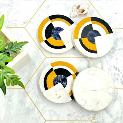 Coaster Set 4 Pcs Handmade Color Marble | Coffee Mug Non Rubber Non Rustic Drink For Tabletop Protection |Suitable For All Kinds Of Cups & Glass | Serving Accessories Tea At Office Dining Table | Gifts & Decoration Coaster Semi Precious Stone Inlay
