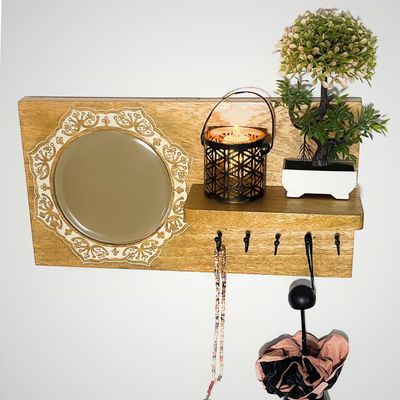 Wall Mounted Mirror Rustic Wooden Shelf Hooks For Hanging - Wall Hooks Entryway Kitchen Hanger - Hanging Organizer Decorative Holder - Key Holder For Wall - Door Hook Clothes Hanger 