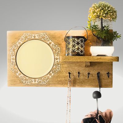 Wall Mounted Mirror Rustic Wooden Shelf Hooks For Hanging - Wall Hooks Entryway Kitchen Hanger - Hanging Organizer Decorative Holder - Key Holder For Wall - Door Hook Clothes Hanger 