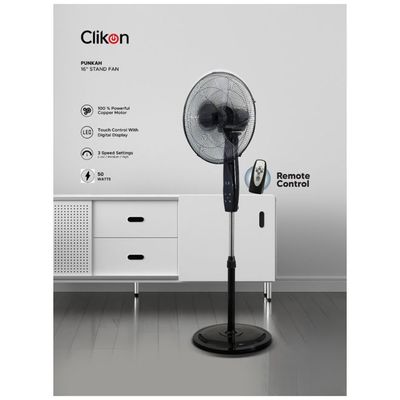 Clikon 16” Pedestal Stand Fan With Remote Control And Swing Function, 3 Speed Levels & Adjustable Height, 5 Leaf Blade With 12 Hours Timer, Best For Home & Office, Black