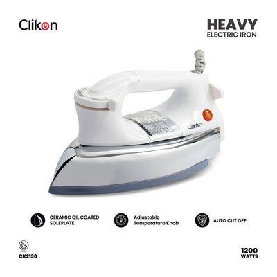 Clikon - Heavy Dry Iron, Braided Cable, Ceramic Oil Coated Soleplate, Adjustable Temperature Knob, Silver Coated Body Design, White - Ck2130