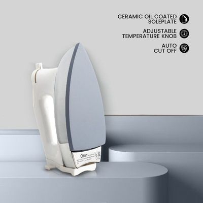 Clikon - Heavy Dry Iron, Braided Cable, Ceramic Oil Coated Soleplate, Adjustable Temperature Knob, Silver Coated Body Design, White - Ck2130