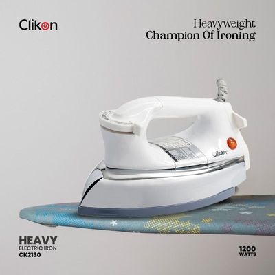 Clikon - Heavy Dry Iron, Braided Cable, Ceramic Oil Coated Soleplate, Adjustable Temperature Knob, Silver Coated Body Design, White - Ck2130